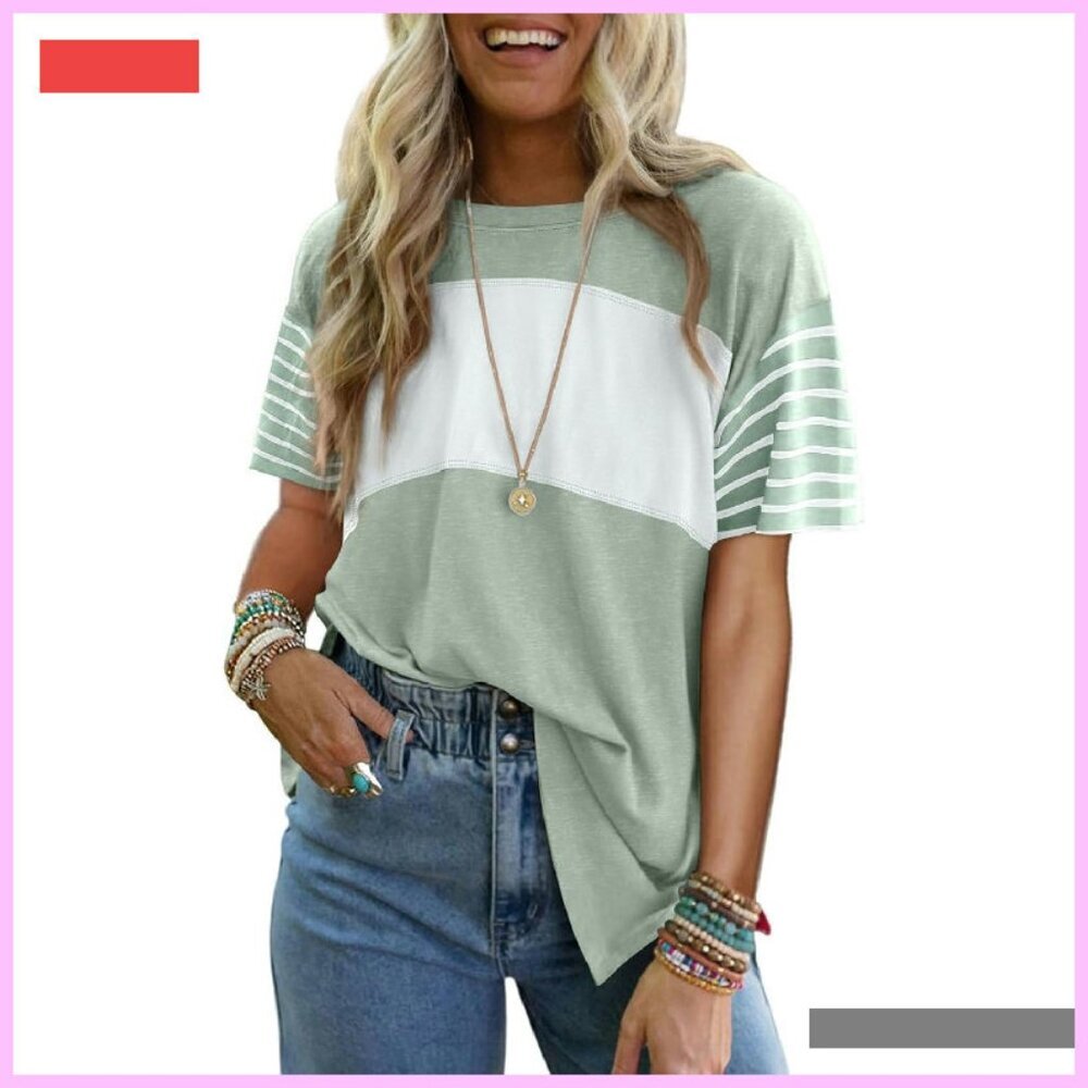 Oversized Crewneck Striped Blouse Casual Summer Top Women's Shirt